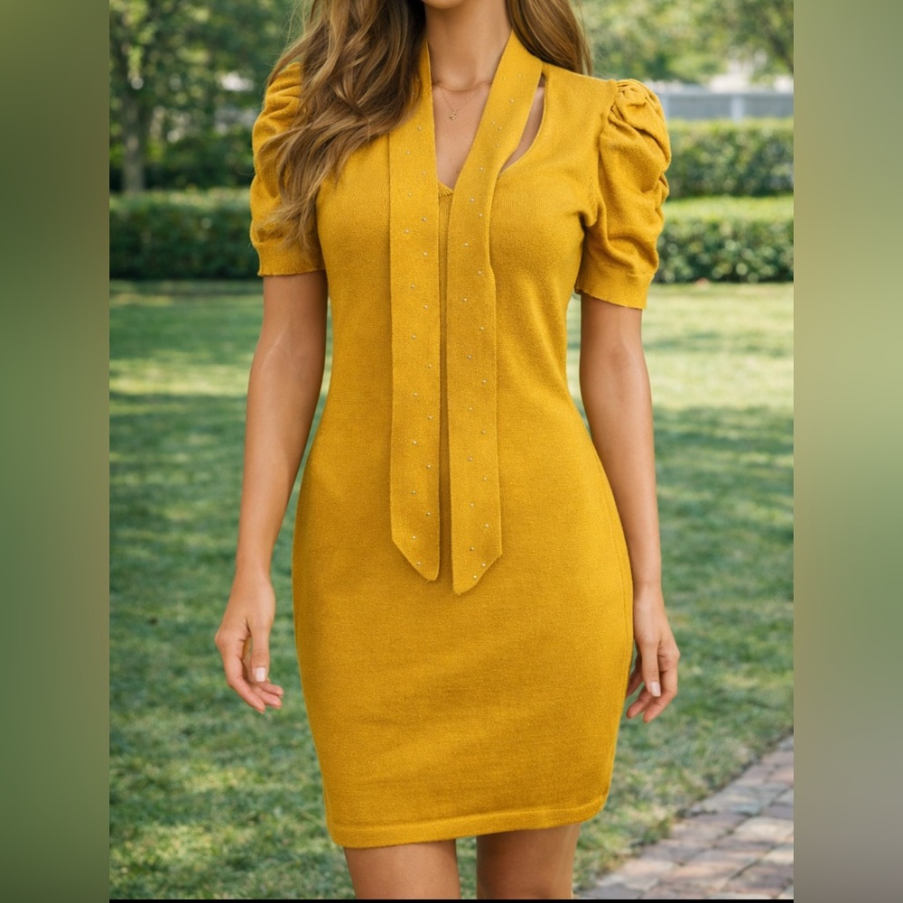 Love Ever After Mustard Puff Sleeve Bodycon Dress Medium EUC